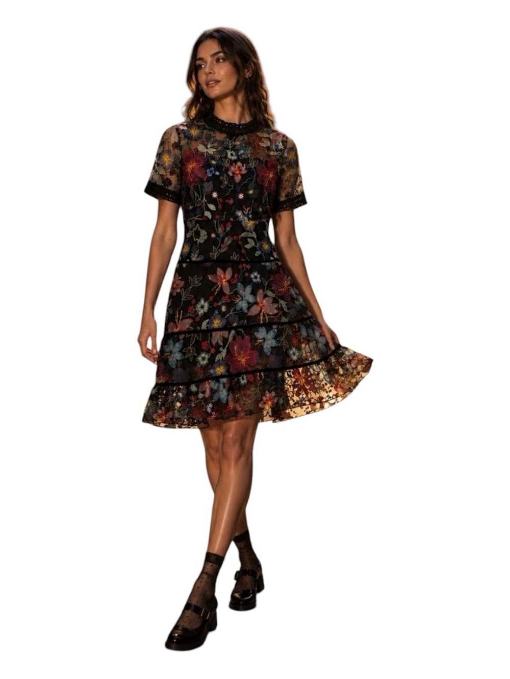 Shiran Fushi Embroidered Tiered Mesh Dress | Floral Romantic Cottagecore
